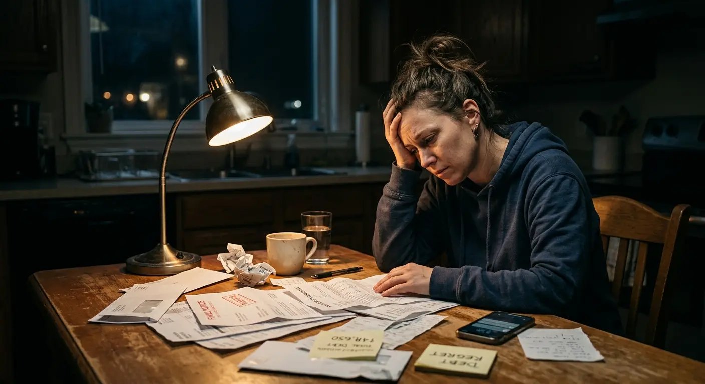 Person stressed reviewing bills at kitchen table late at night