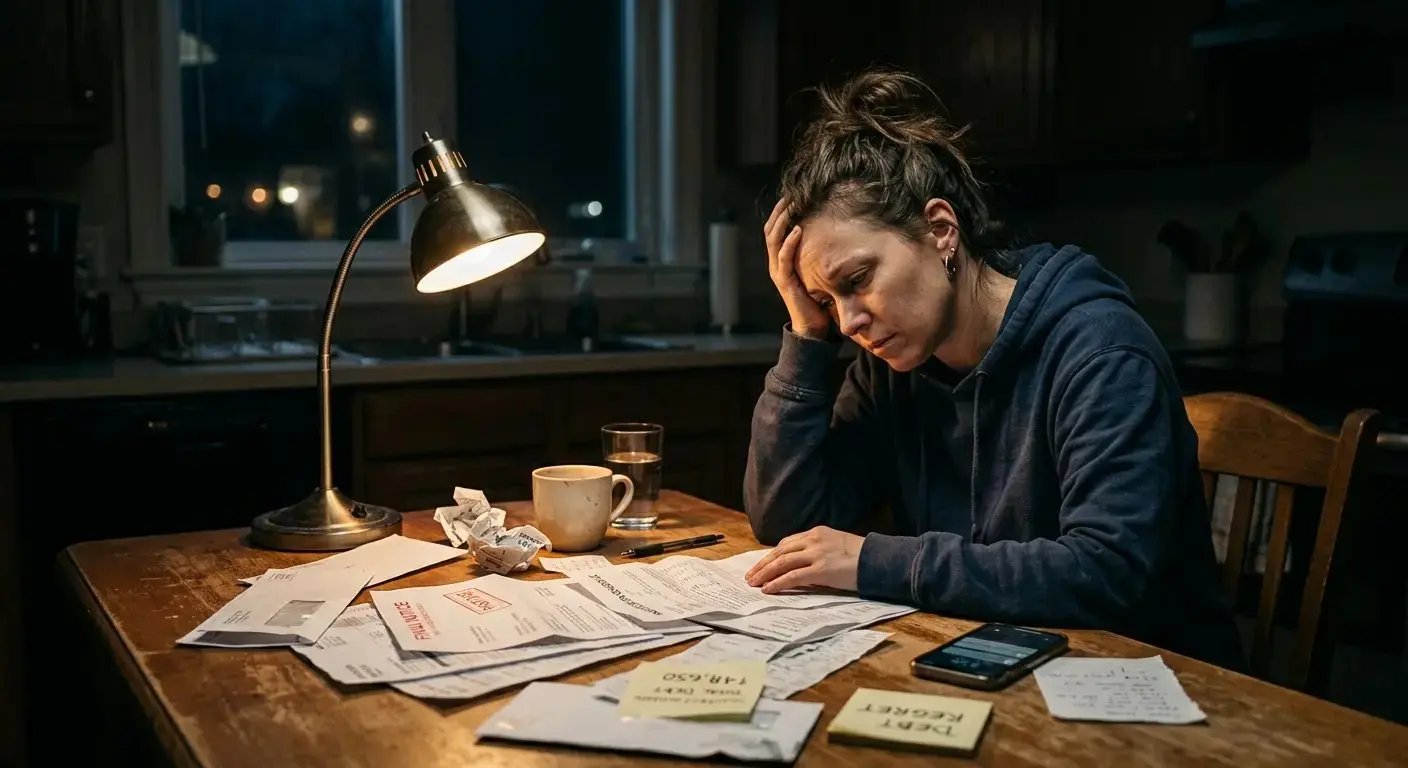 Person stressed reviewing bills at kitchen table late at night