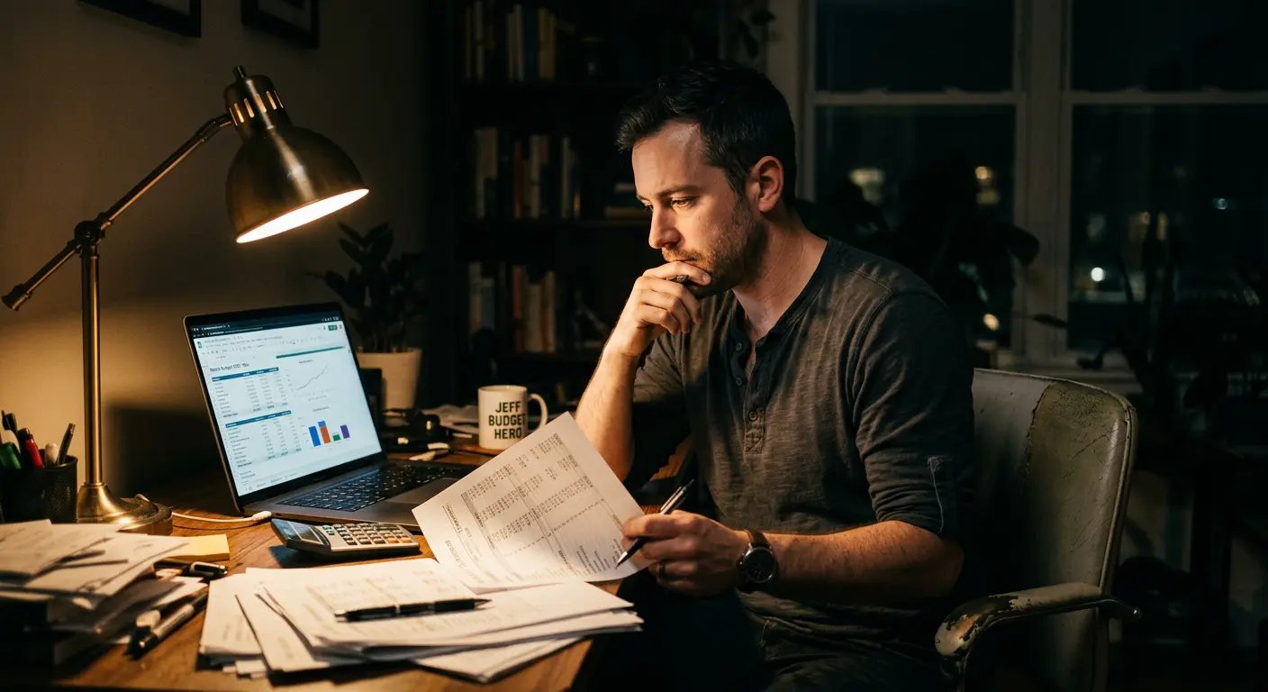 Jeff working on budget at desk