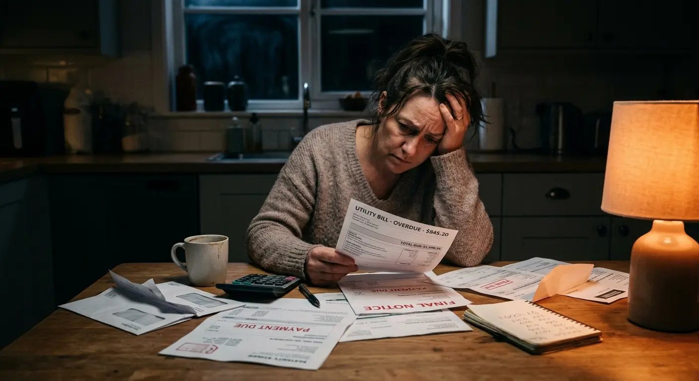 Person stressed reviewing bills at kitchen table late at night